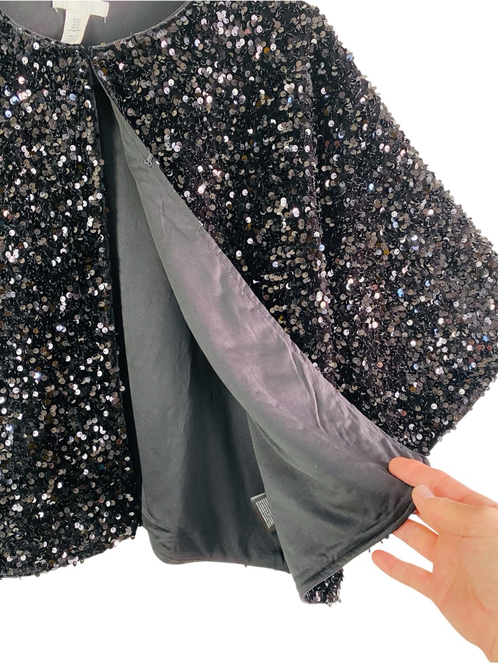 H&M Black Sequin Velour Short Sleeve Cropped Cardigan Size XL - Picture 5 of 8